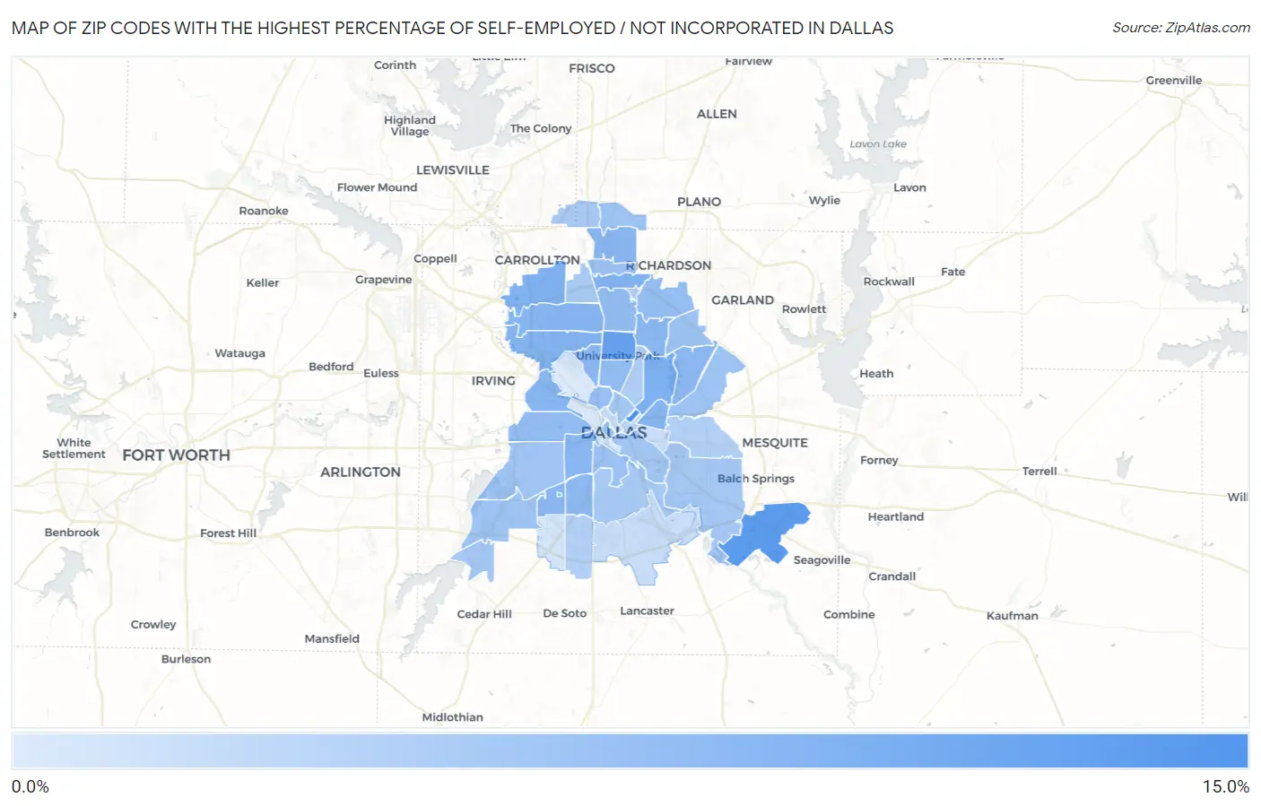 Zip Codes with the Highest Percentage of Self-Employed / Not Incorporated in Dallas Map