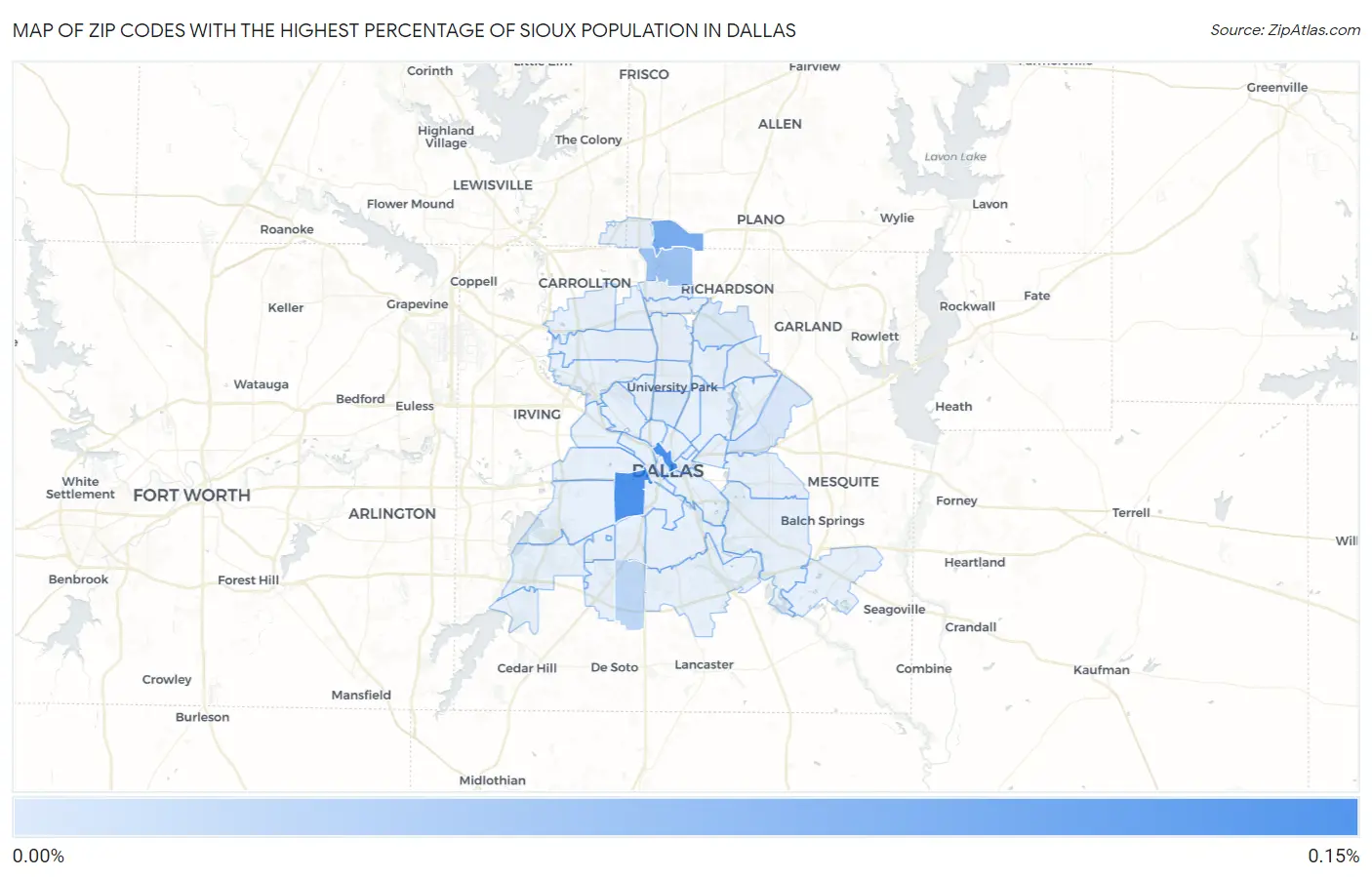 Zip Codes with the Highest Percentage of Sioux Population in Dallas Map