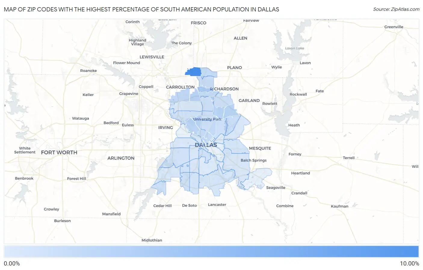 Zip Codes with the Highest Percentage of South American Population in Dallas Map