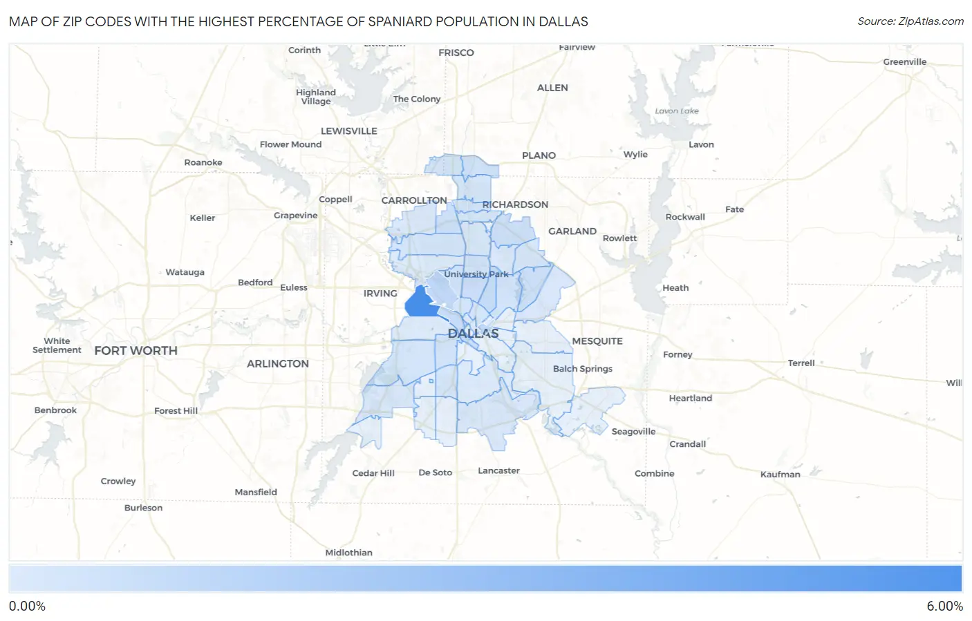 Zip Codes with the Highest Percentage of Spaniard Population in Dallas Map