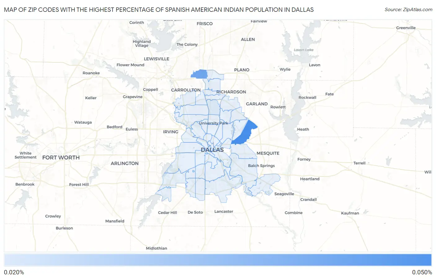 Zip Codes with the Highest Percentage of Spanish American Indian Population in Dallas Map