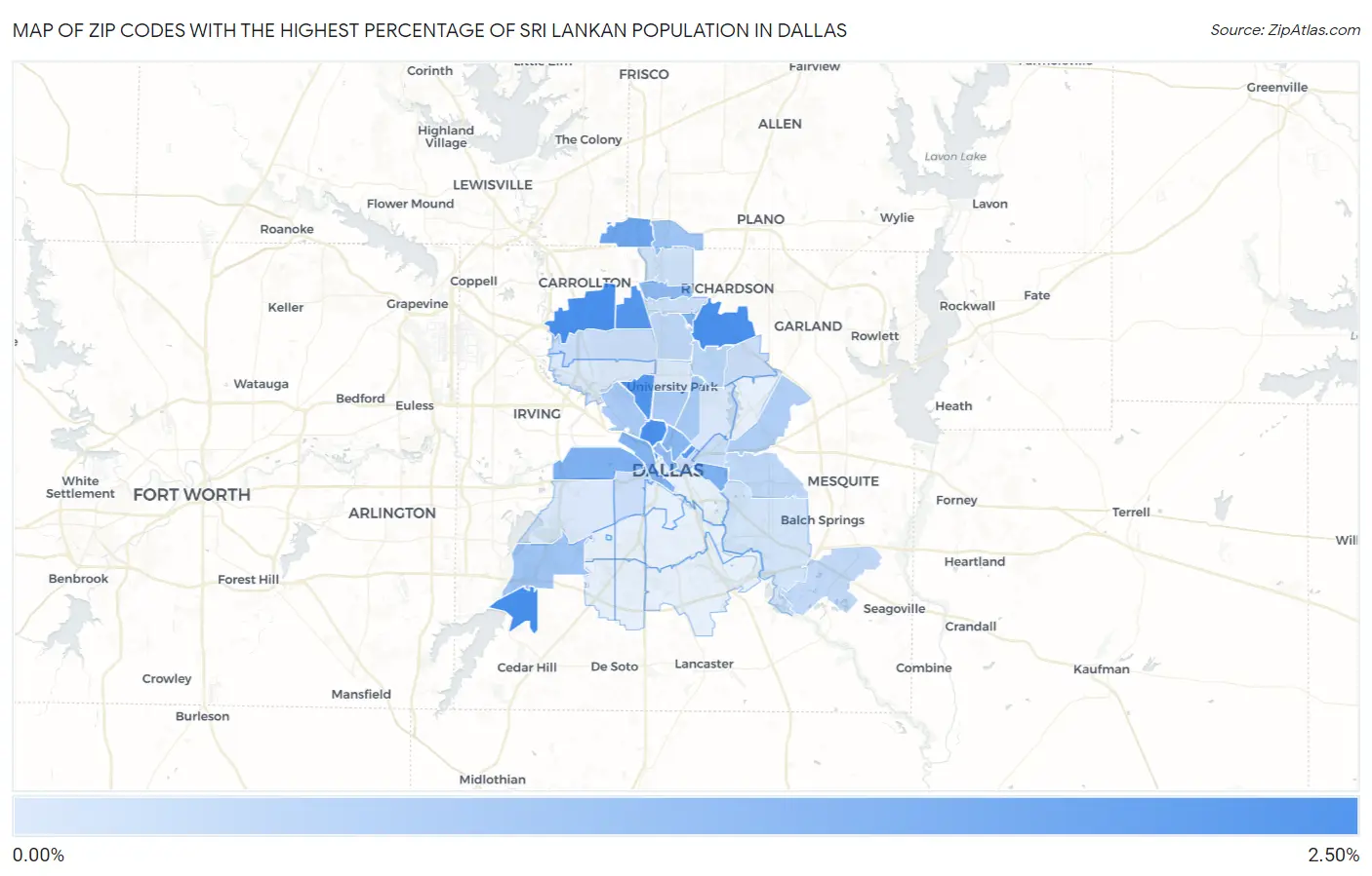 Zip Codes with the Highest Percentage of Sri Lankan Population in Dallas Map