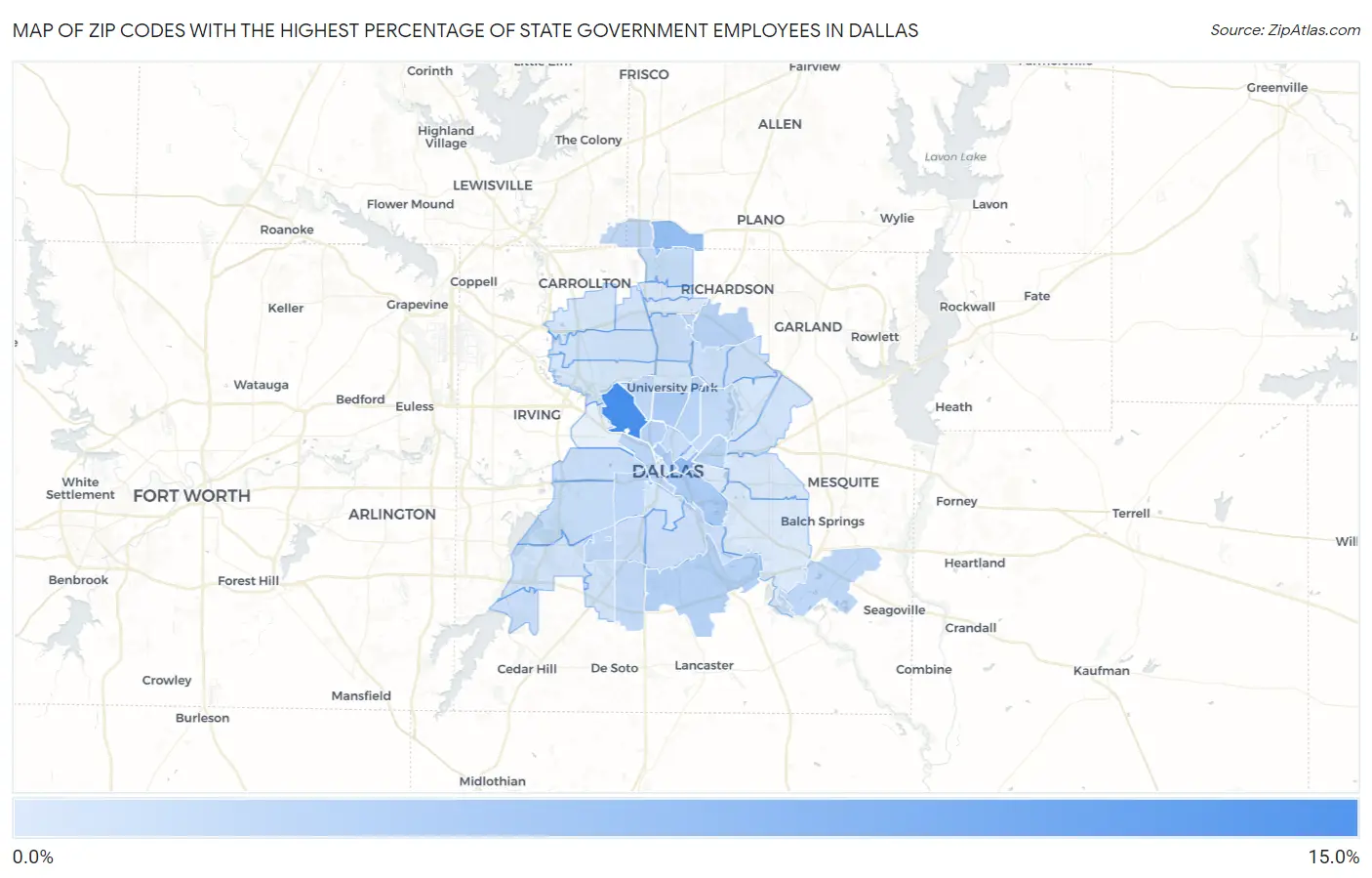 Zip Codes with the Highest Percentage of State Government Employees in Dallas Map