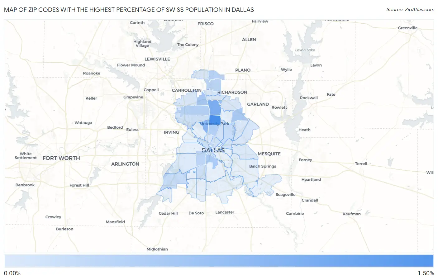 Zip Codes with the Highest Percentage of Swiss Population in Dallas Map