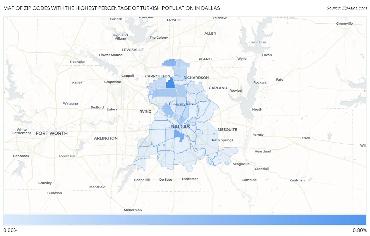 Zip Codes with the Highest Percentage of Turkish Population in Dallas Map