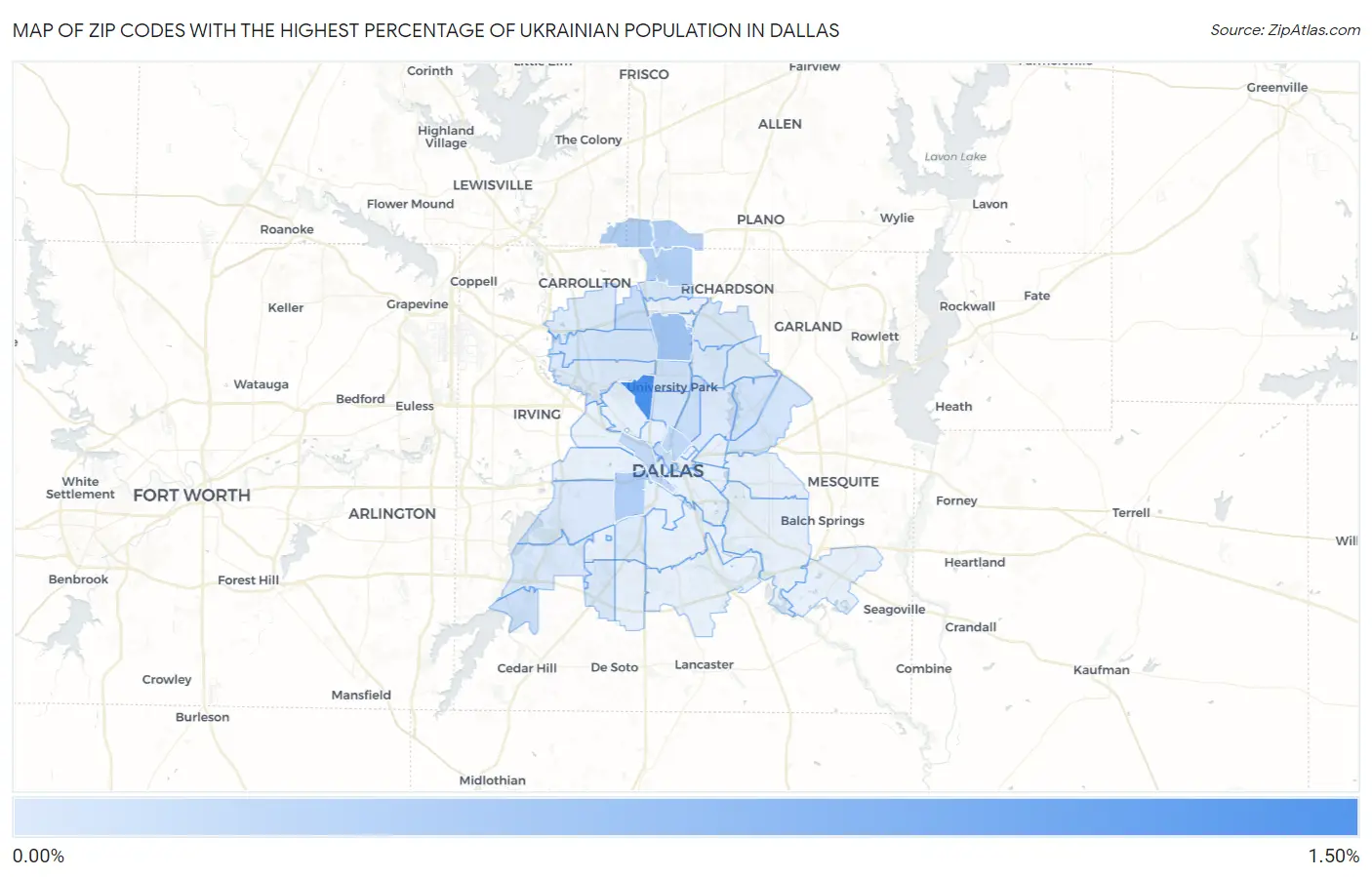 Zip Codes with the Highest Percentage of Ukrainian Population in Dallas Map