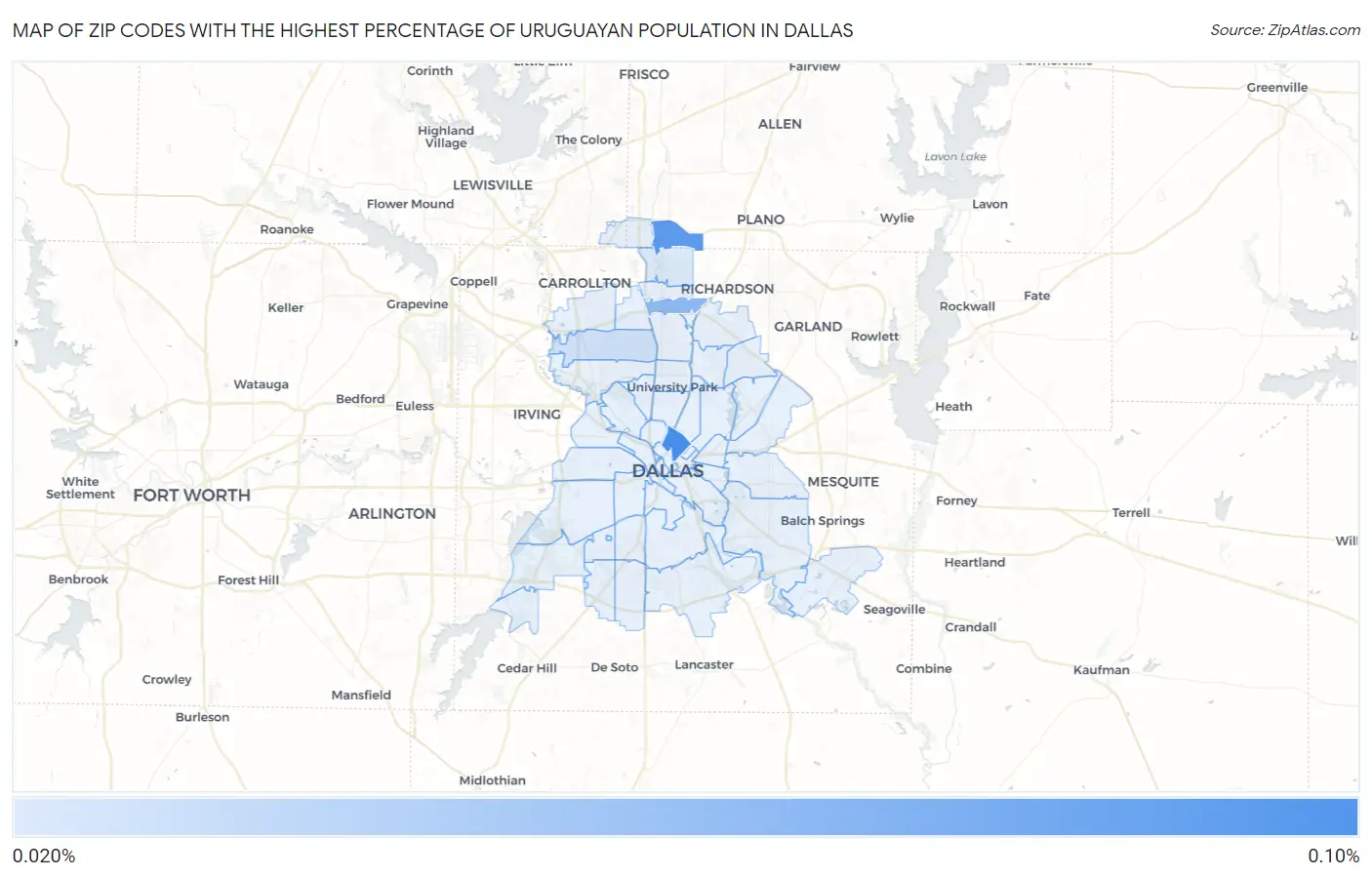Zip Codes with the Highest Percentage of Uruguayan Population in Dallas Map