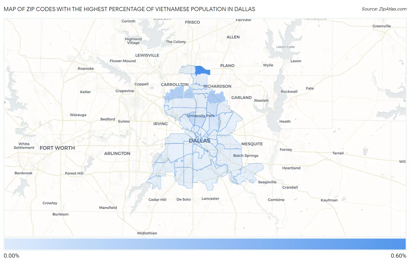 Zip Codes with the Highest Percentage of Vietnamese Population in Dallas Map