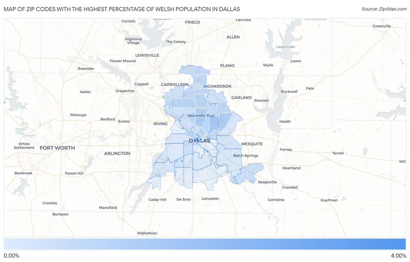 Zip Codes with the Highest Percentage of Welsh Population in Dallas Map