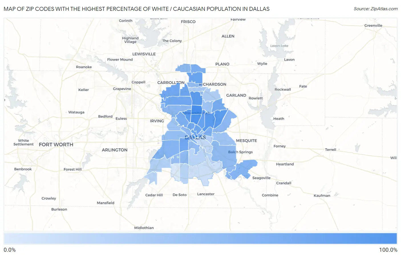 Zip Codes with the Highest Percentage of White / Caucasian Population in Dallas Map