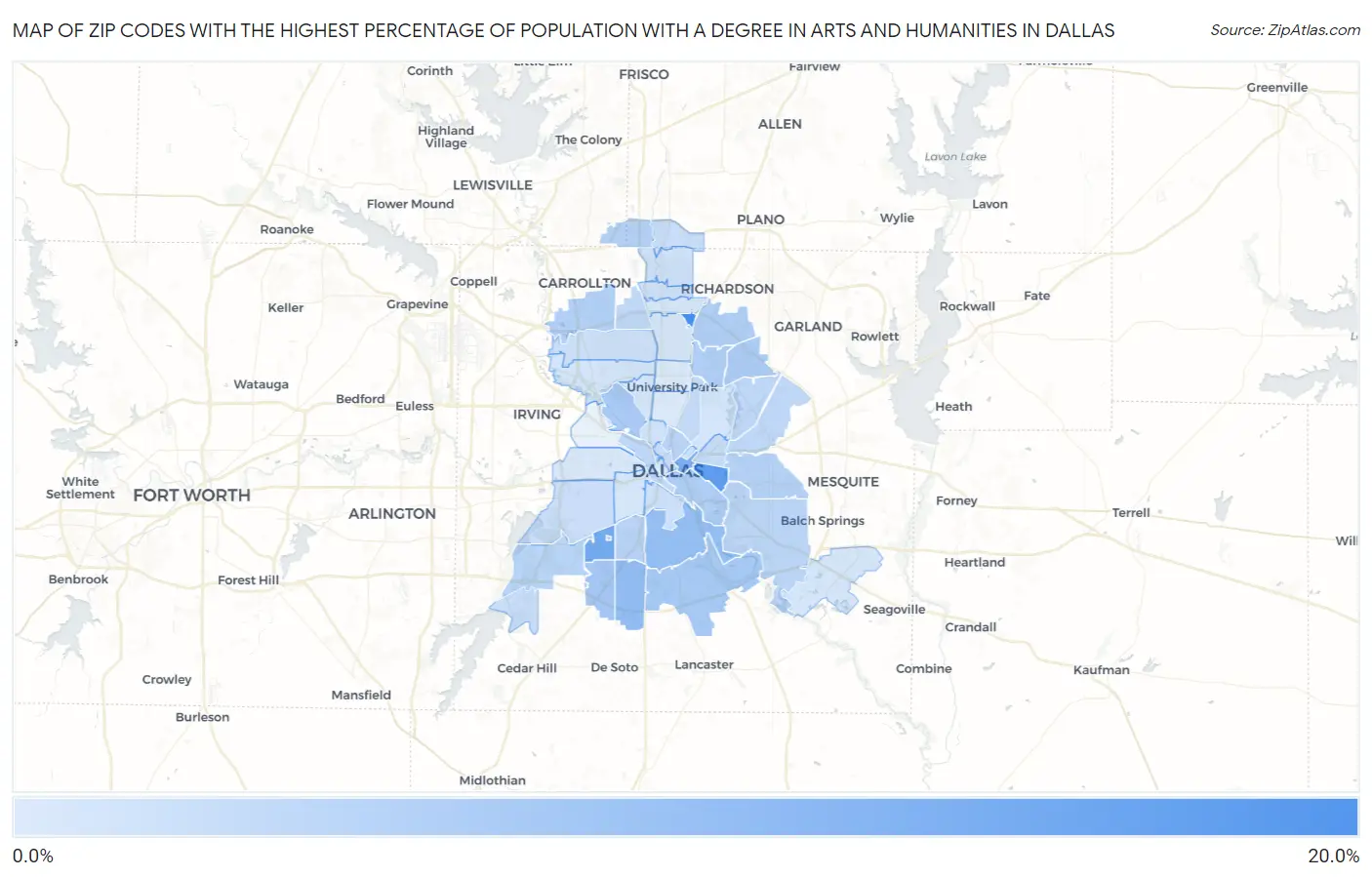Zip Codes with the Highest Percentage of Population with a Degree in Arts and Humanities in Dallas Map