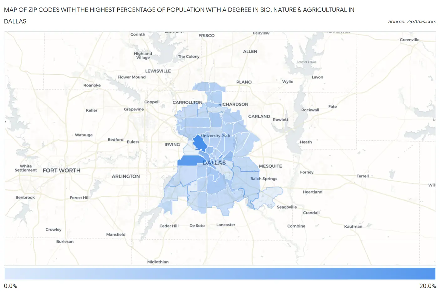 Zip Codes with the Highest Percentage of Population with a Degree in Bio, Nature & Agricultural in Dallas Map