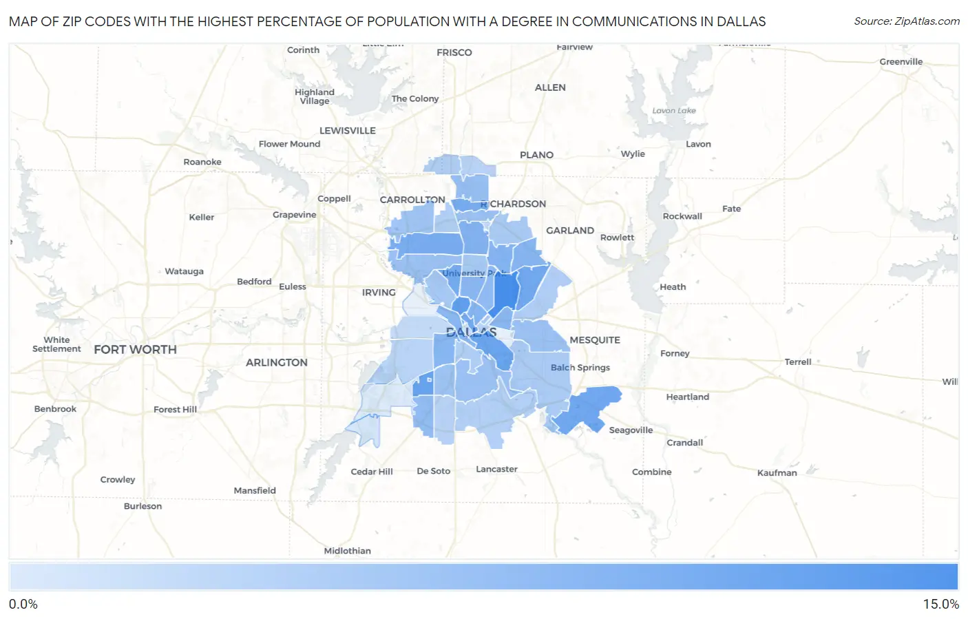 Zip Codes with the Highest Percentage of Population with a Degree in Communications in Dallas Map