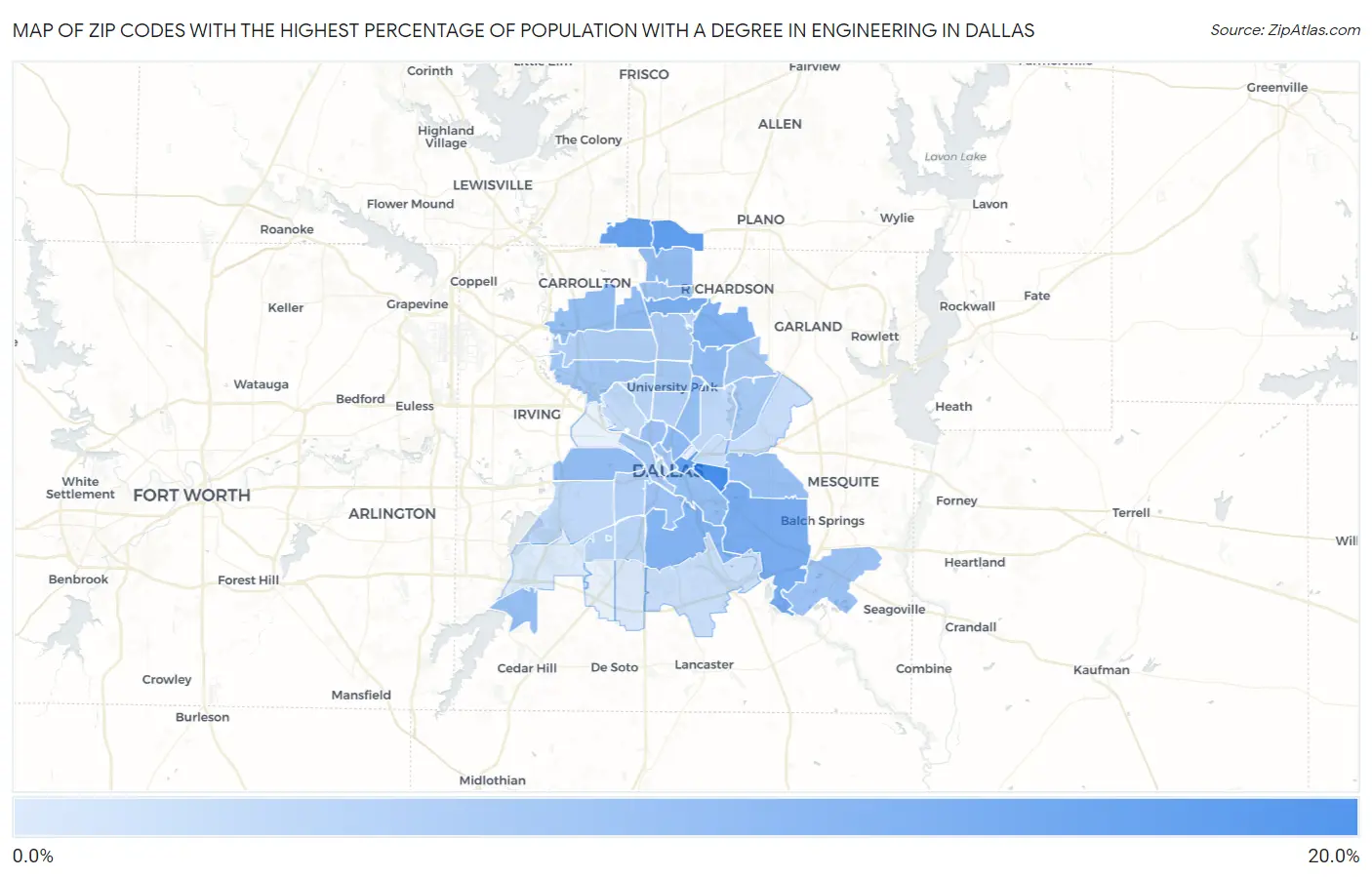 Zip Codes with the Highest Percentage of Population with a Degree in Engineering in Dallas Map