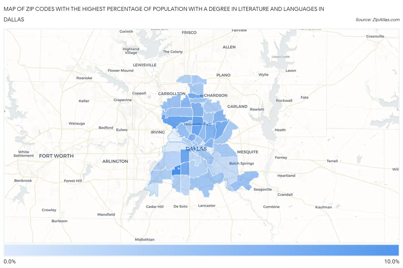 Zip Codes with the Highest Percentage of Population with a Degree in Literature and Languages in Dallas Map