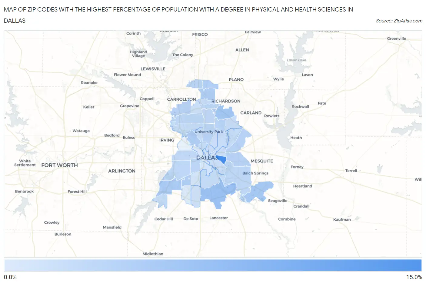 Zip Codes with the Highest Percentage of Population with a Degree in Physical and Health Sciences in Dallas Map