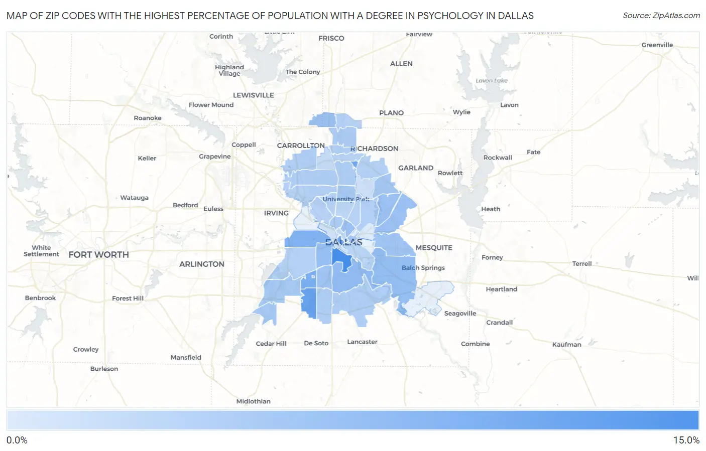 Zip Codes with the Highest Percentage of Population with a Degree in Psychology in Dallas Map