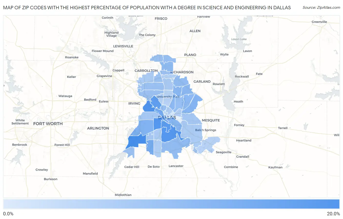 Zip Codes with the Highest Percentage of Population with a Degree in Science and Engineering in Dallas Map