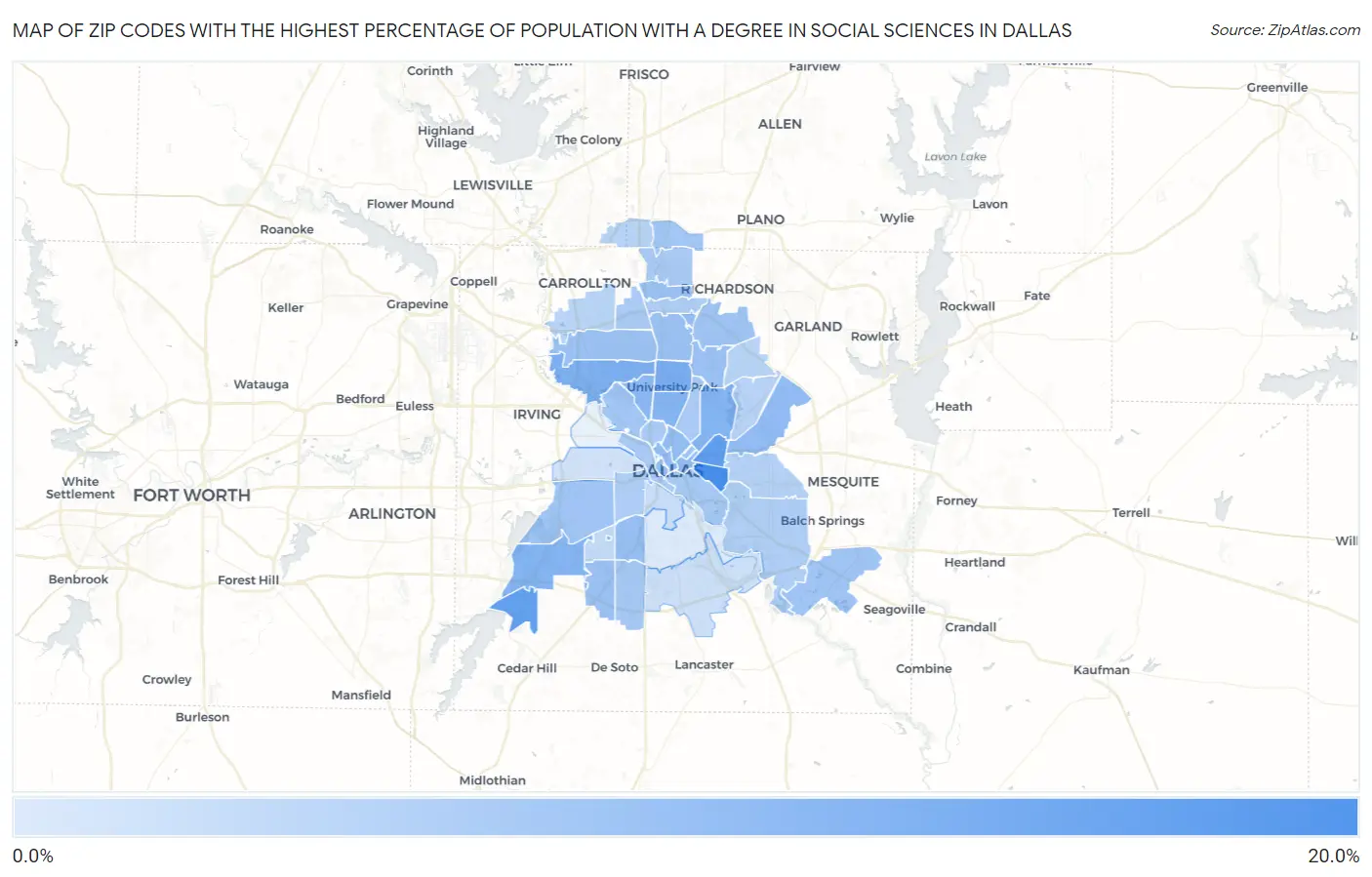 Zip Codes with the Highest Percentage of Population with a Degree in Social Sciences in Dallas Map