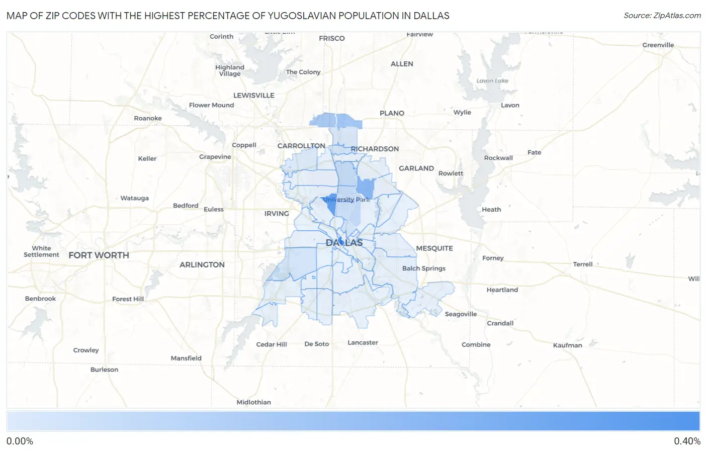 Zip Codes with the Highest Percentage of Yugoslavian Population in Dallas Map