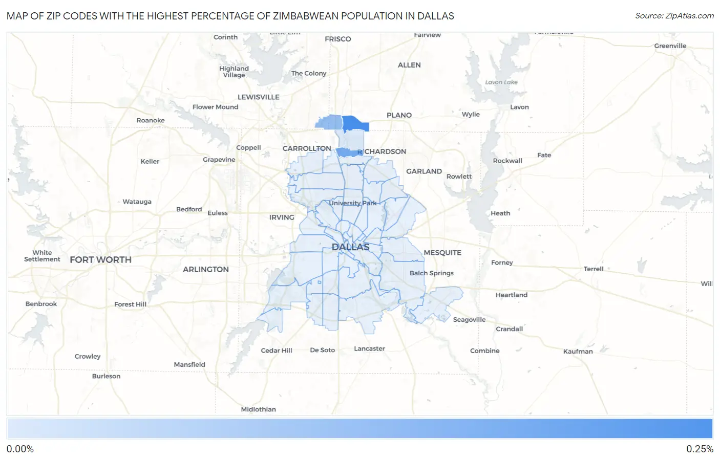 Zip Codes with the Highest Percentage of Zimbabwean Population in Dallas Map