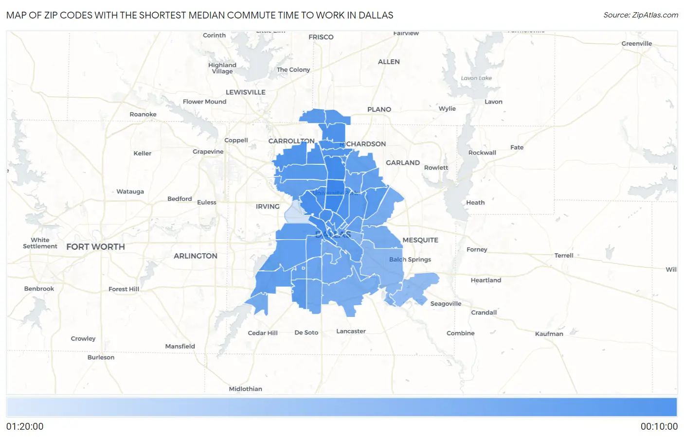 Zip Codes with the Shortest Median Commute Time to Work in Dallas Map