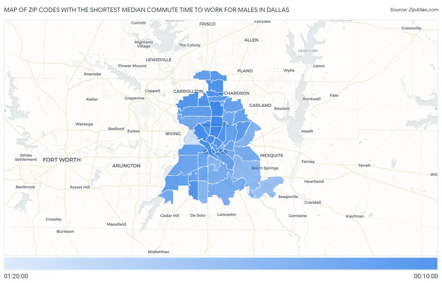 Zip Codes with the Shortest Median Commute Time to Work for Males in Dallas Map