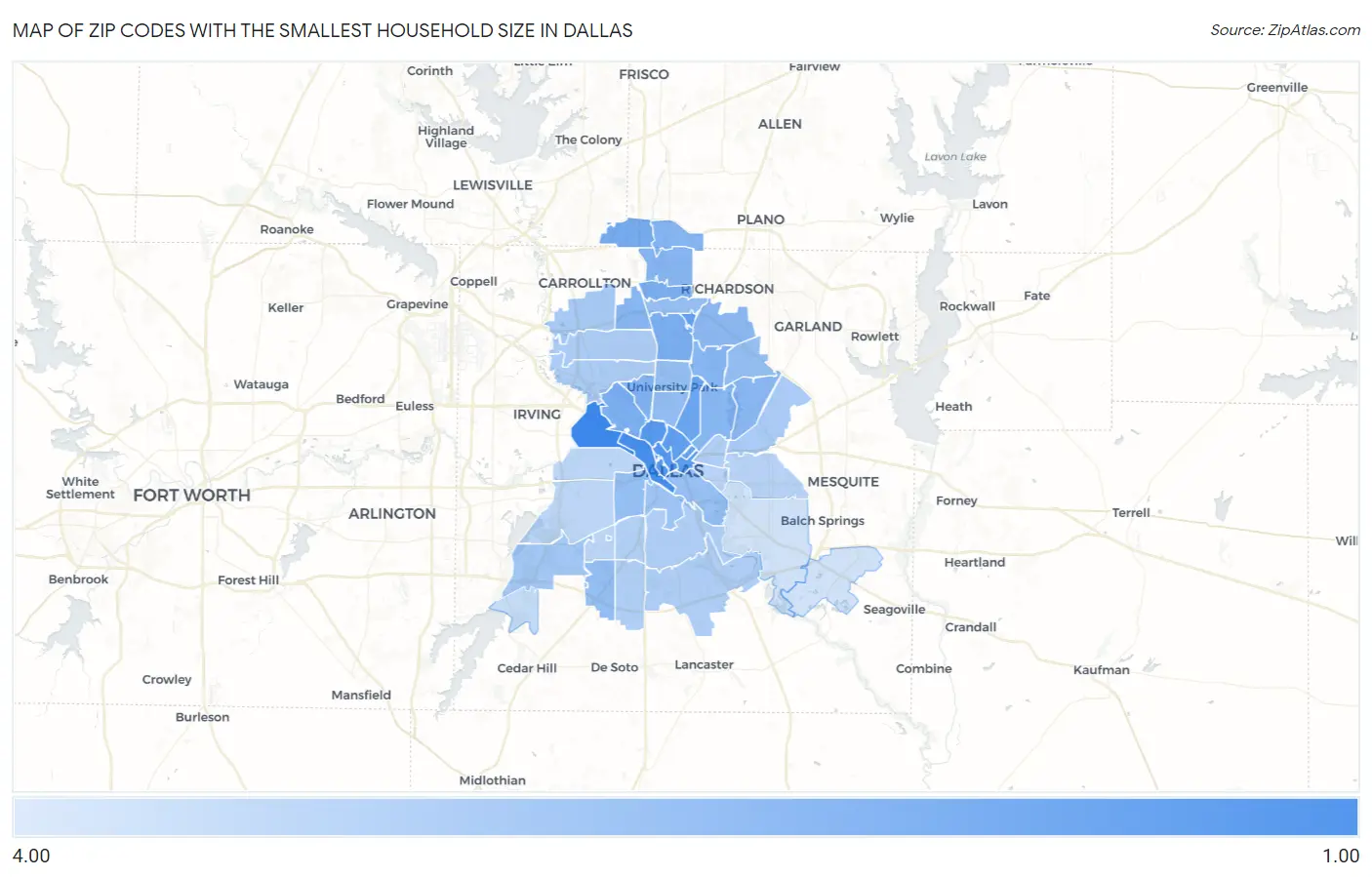 Zip Codes with the Smallest Household Size in Dallas Map