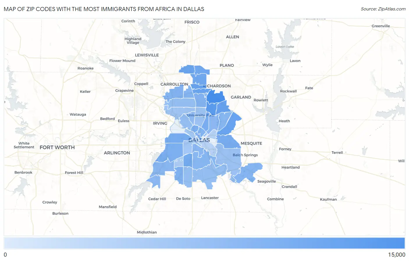 Zip Codes with the Most Immigrants from Africa in Dallas Map