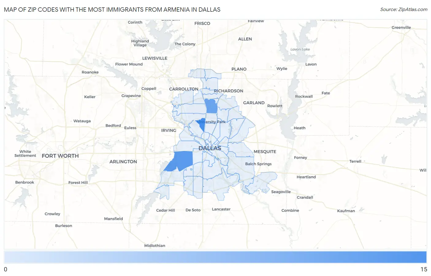 Zip Codes with the Most Immigrants from Armenia in Dallas Map