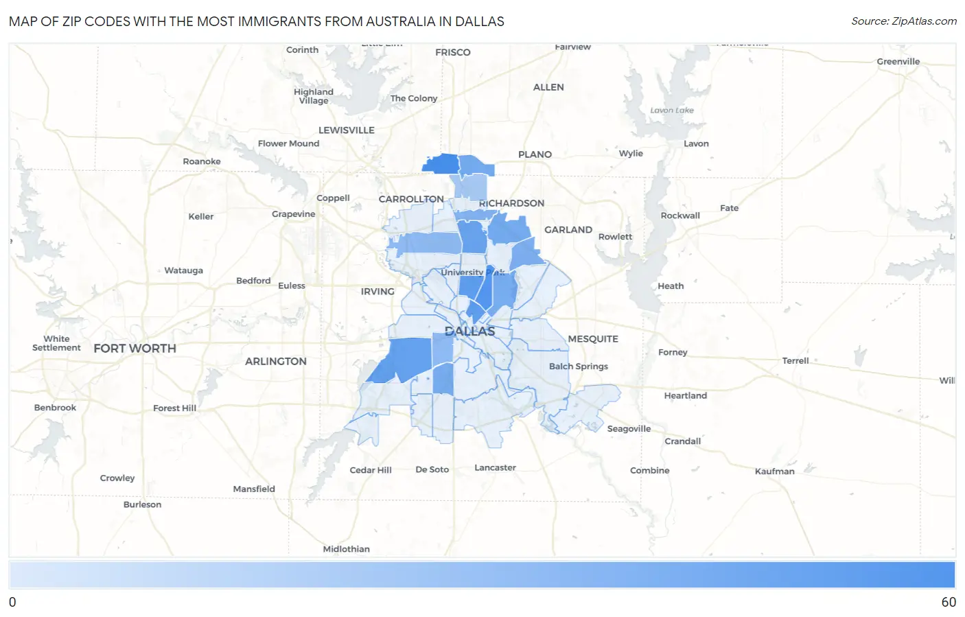 Zip Codes with the Most Immigrants from Australia in Dallas Map