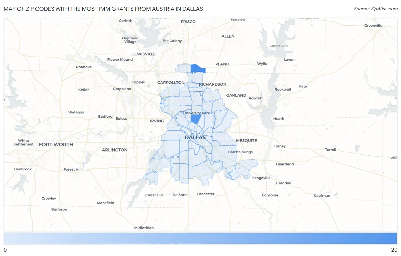 Zip Codes with the Most Immigrants from Austria in Dallas Map