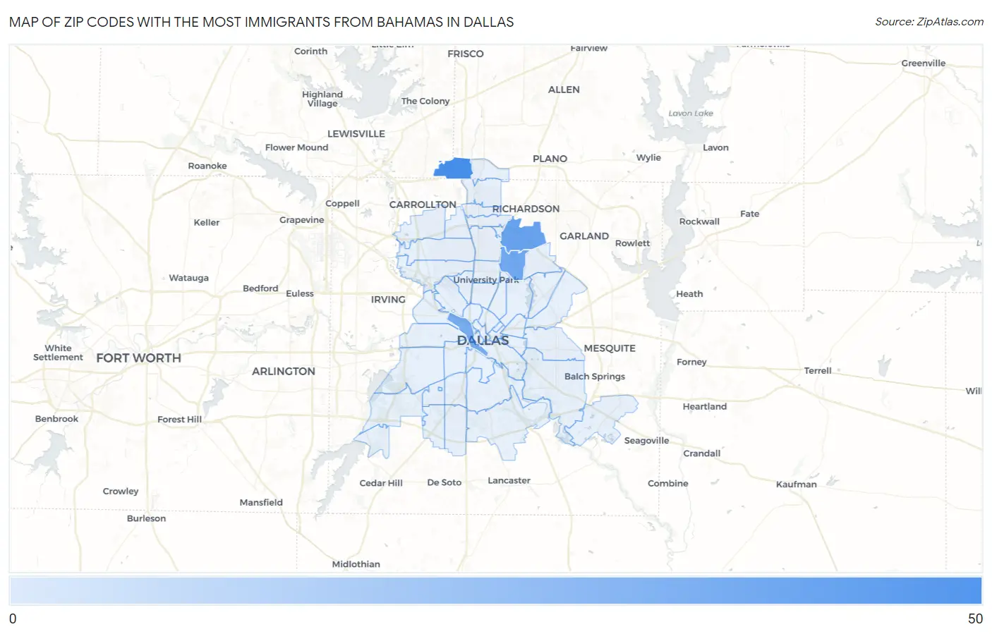 Zip Codes with the Most Immigrants from Bahamas in Dallas Map