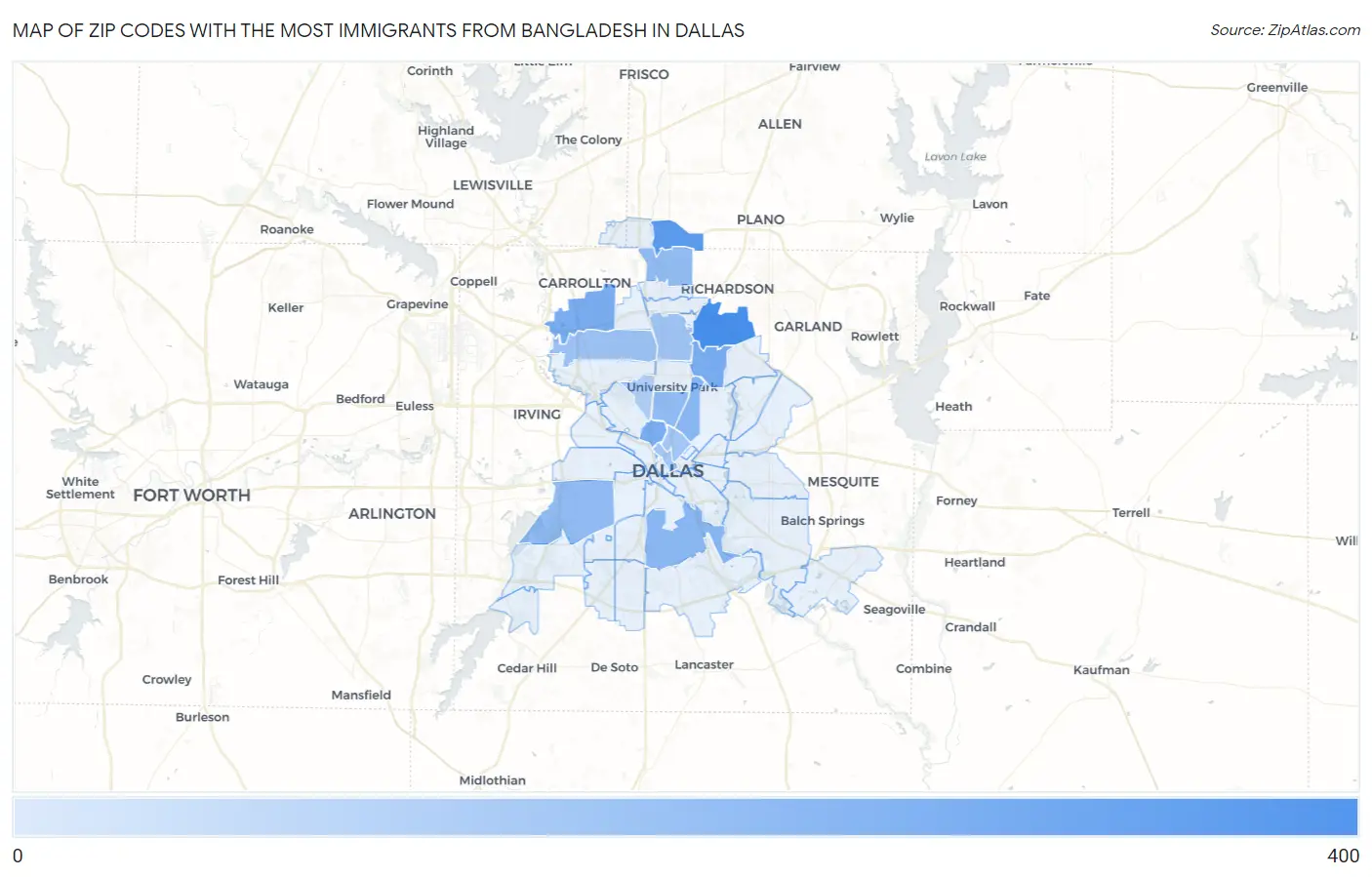 Zip Codes with the Most Immigrants from Bangladesh in Dallas Map