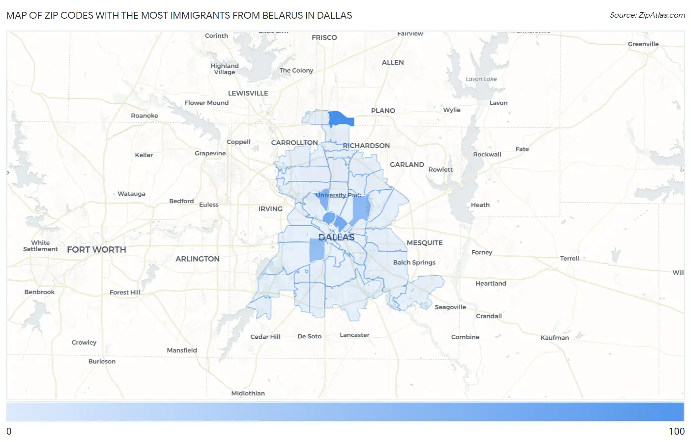 Zip Codes with the Most Immigrants from Belarus in Dallas Map