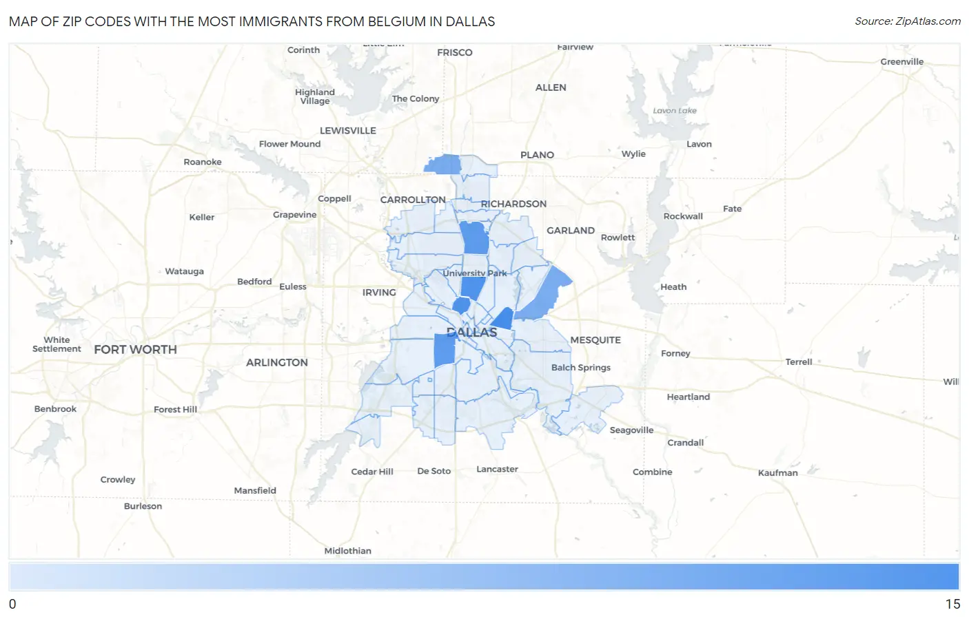 Zip Codes with the Most Immigrants from Belgium in Dallas Map