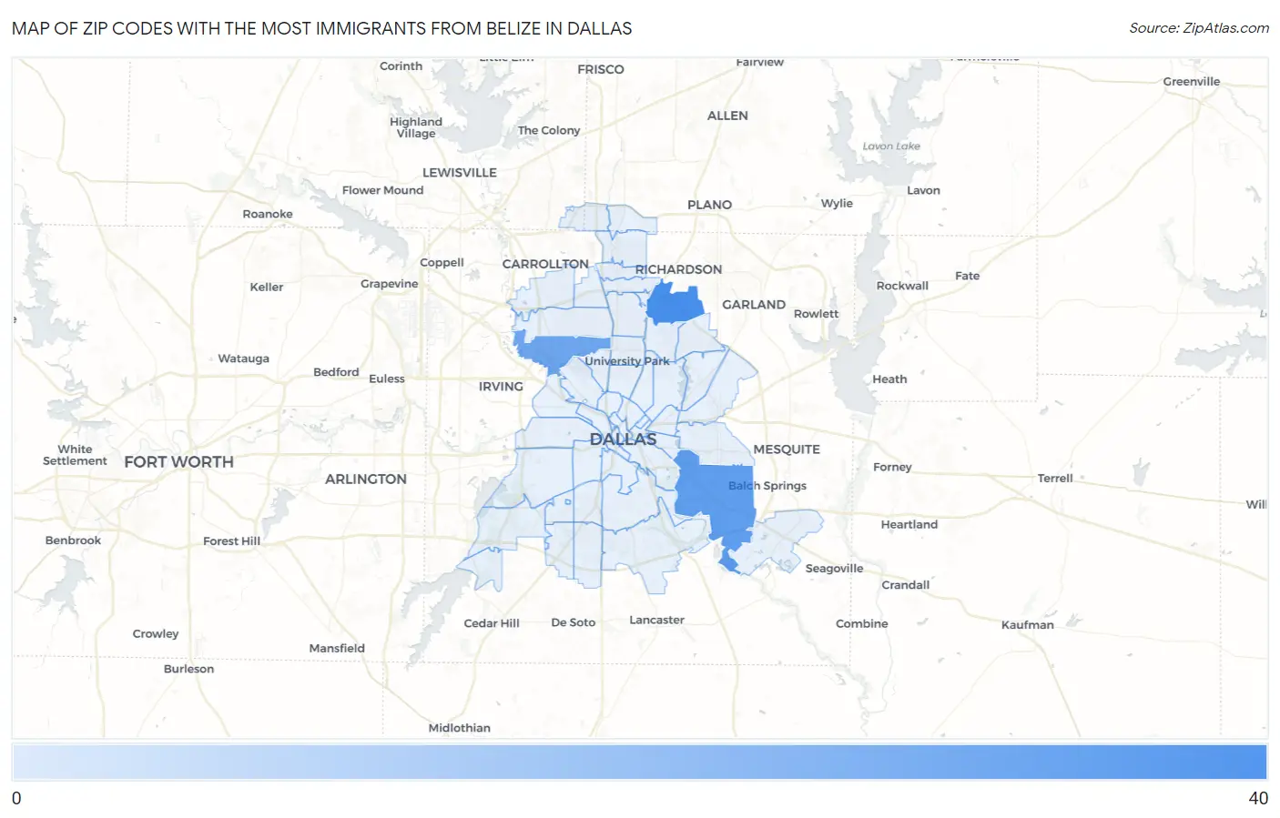 Zip Codes with the Most Immigrants from Belize in Dallas Map