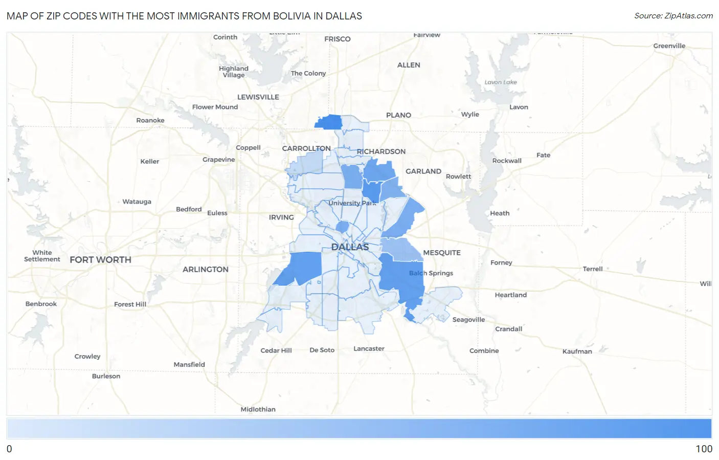 Zip Codes with the Most Immigrants from Bolivia in Dallas Map