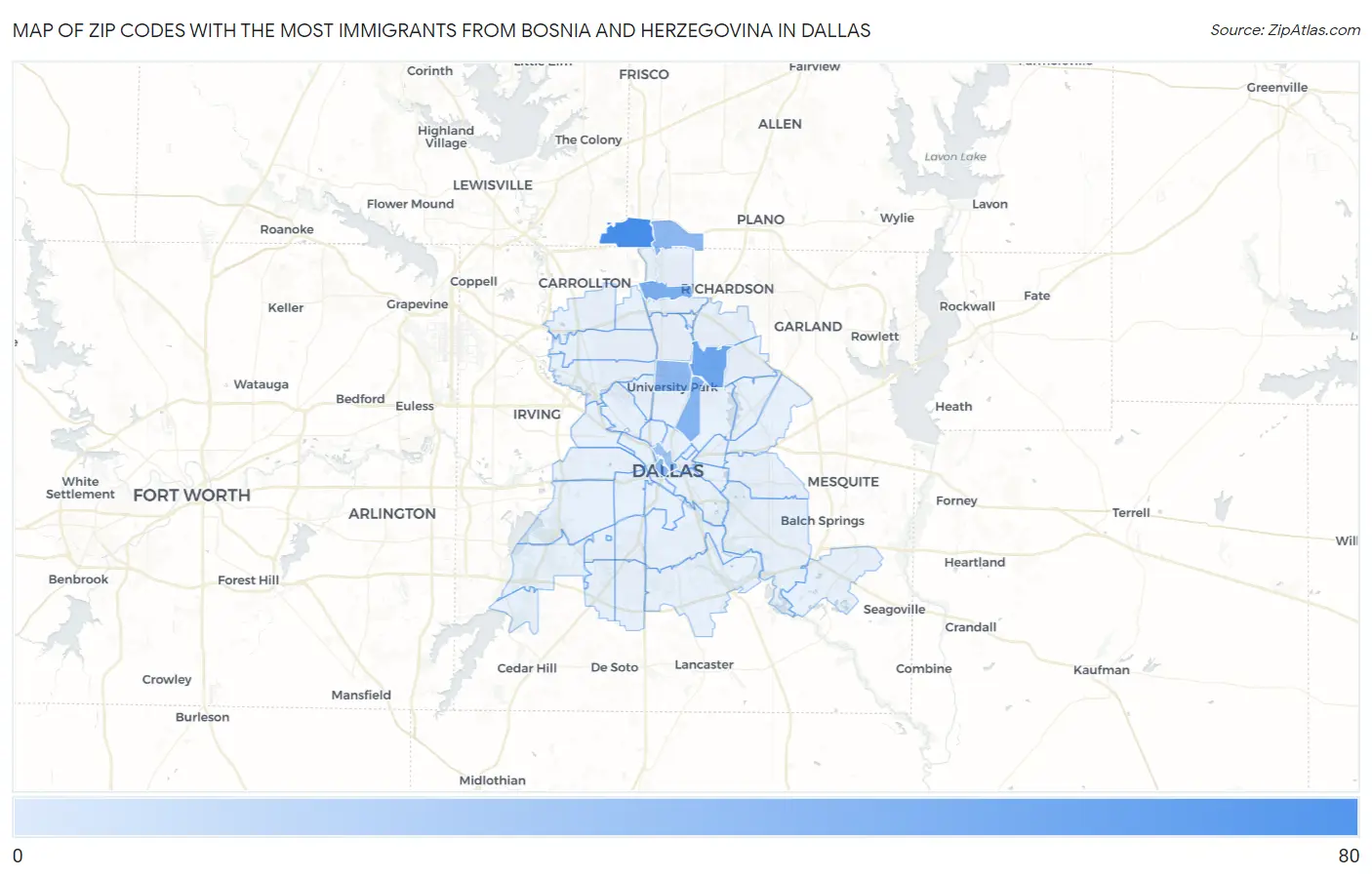 Zip Codes with the Most Immigrants from Bosnia and Herzegovina in Dallas Map