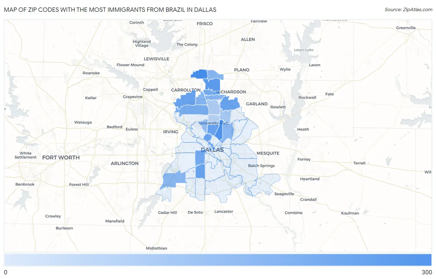 Zip Codes with the Most Immigrants from Brazil in Dallas Map
