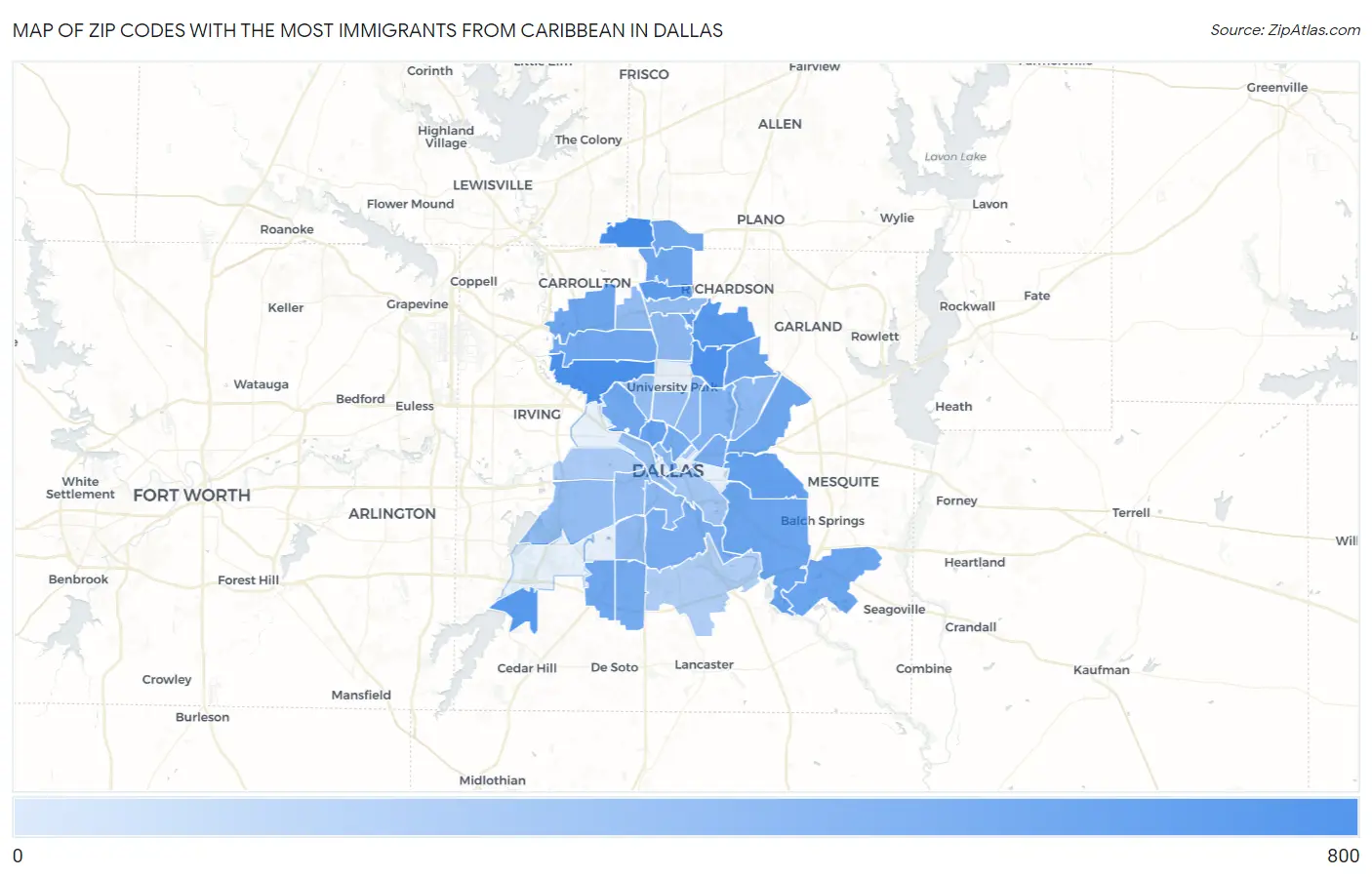 Zip Codes with the Most Immigrants from Caribbean in Dallas Map