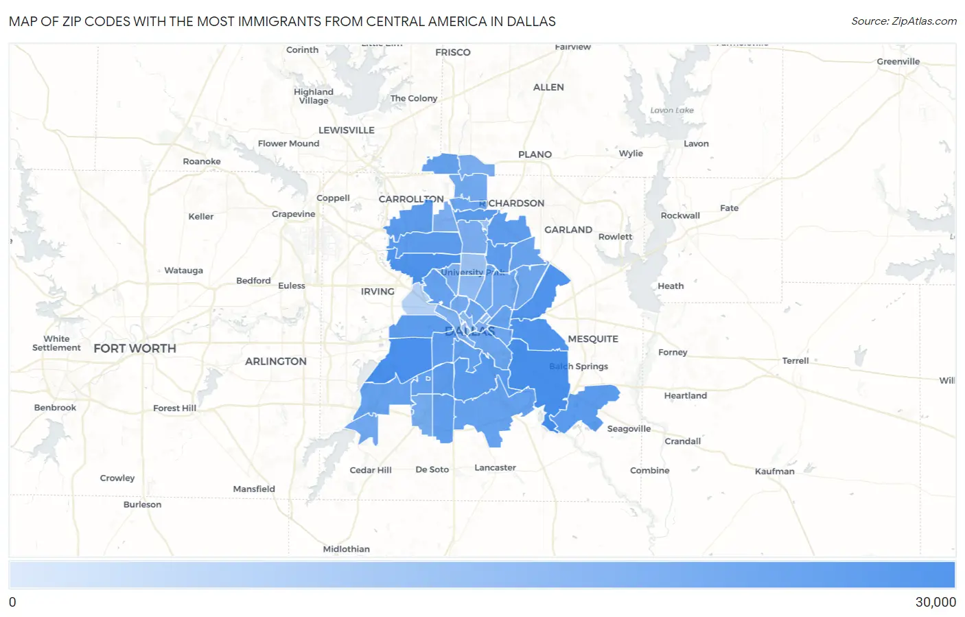 Zip Codes with the Most Immigrants from Central America in Dallas Map