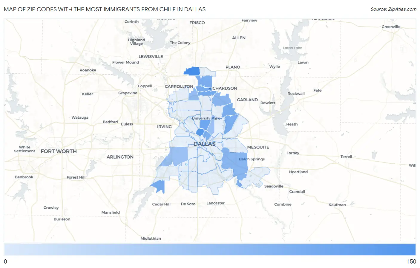 Zip Codes with the Most Immigrants from Chile in Dallas Map