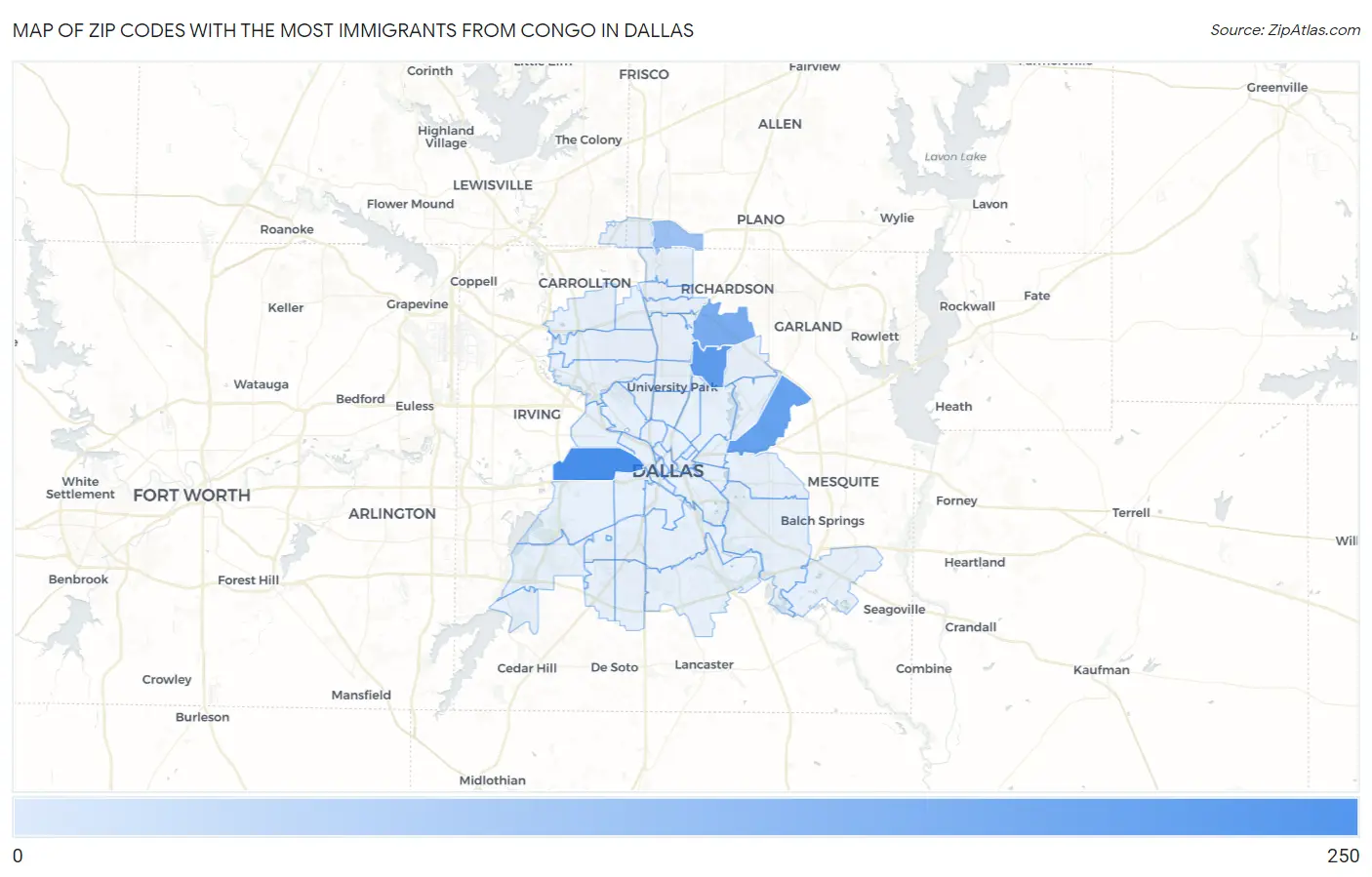 Zip Codes with the Most Immigrants from Congo in Dallas Map