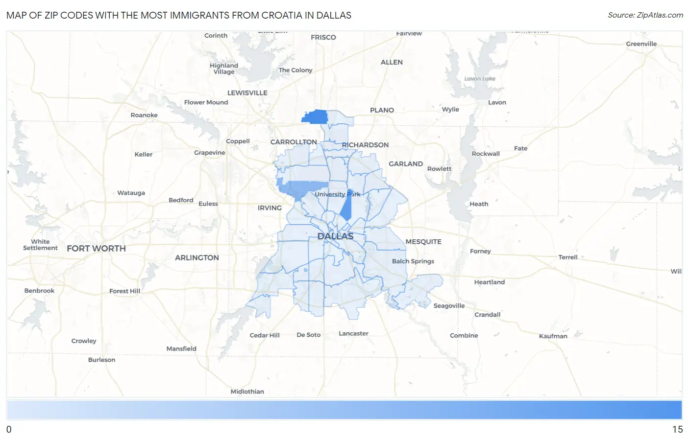 Zip Codes with the Most Immigrants from Croatia in Dallas Map