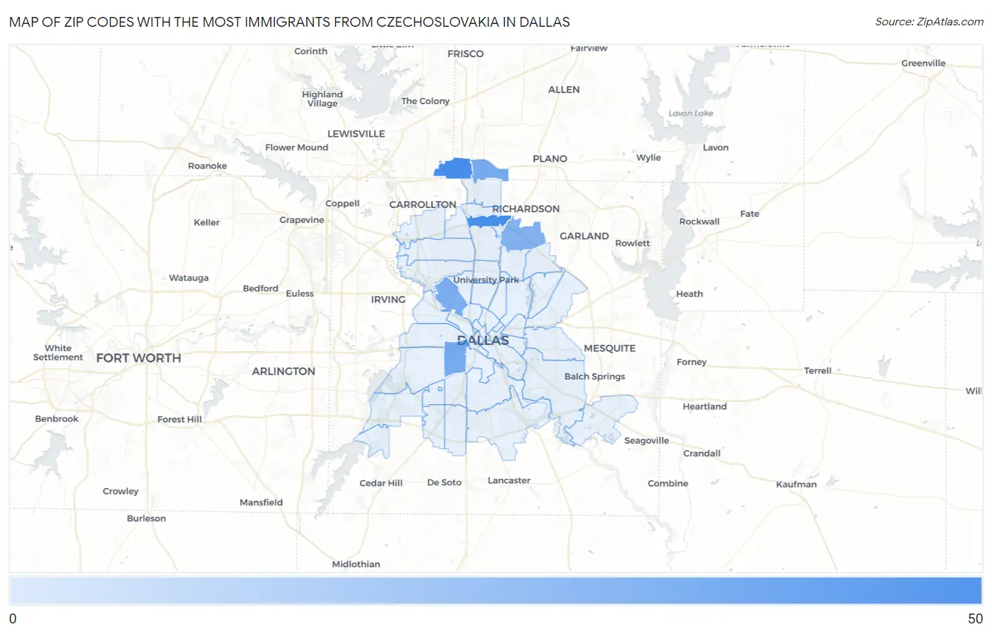 Zip Codes with the Most Immigrants from Czechoslovakia in Dallas Map