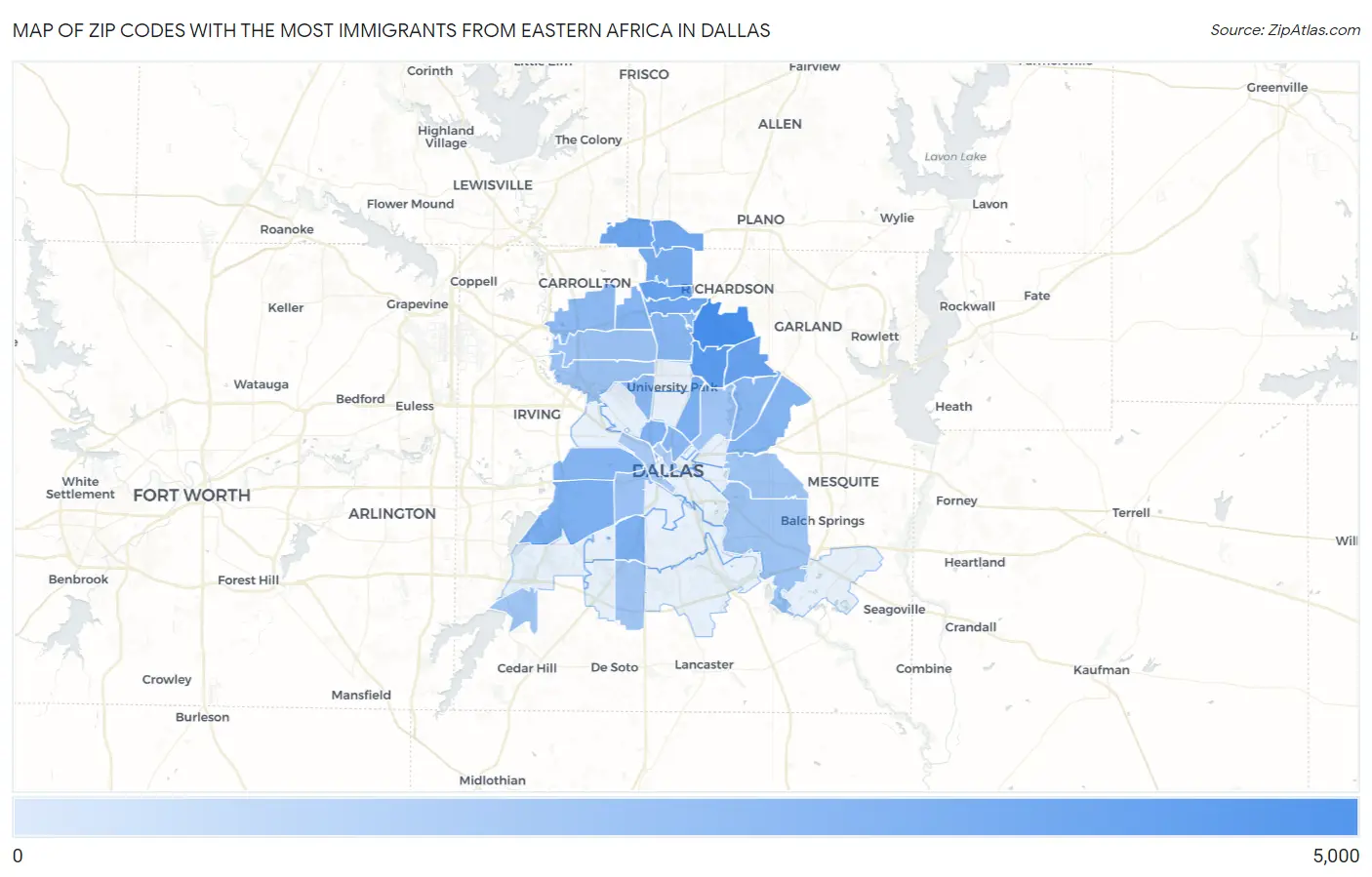 Zip Codes with the Most Immigrants from Eastern Africa in Dallas Map