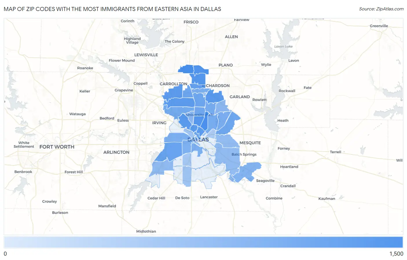 Zip Codes with the Most Immigrants from Eastern Asia in Dallas Map