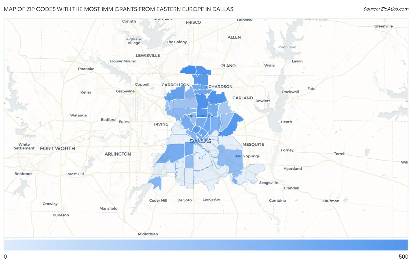 Zip Codes with the Most Immigrants from Eastern Europe in Dallas Map