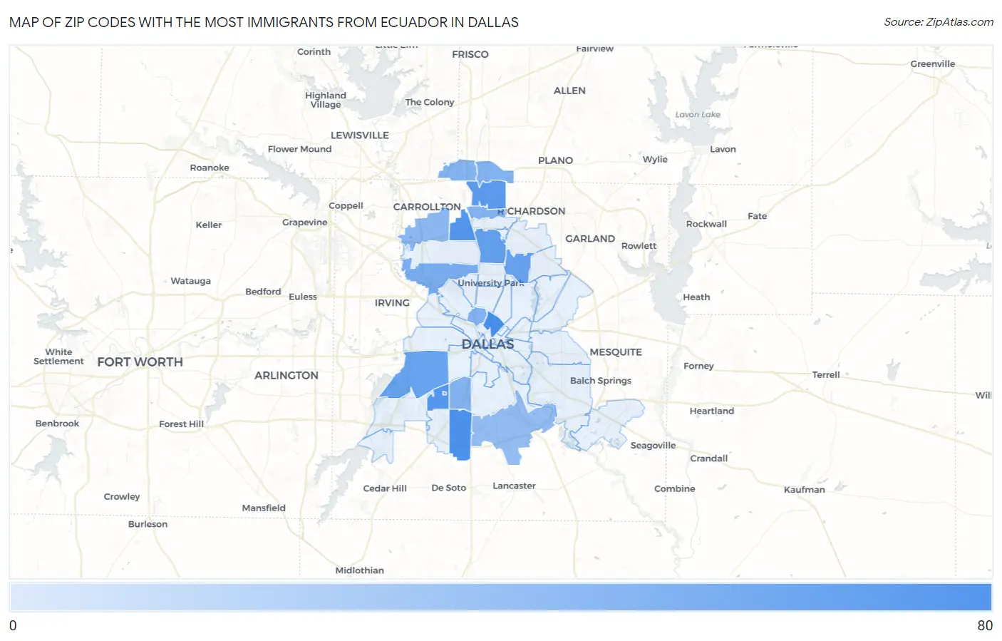 Zip Codes with the Most Immigrants from Ecuador in Dallas Map